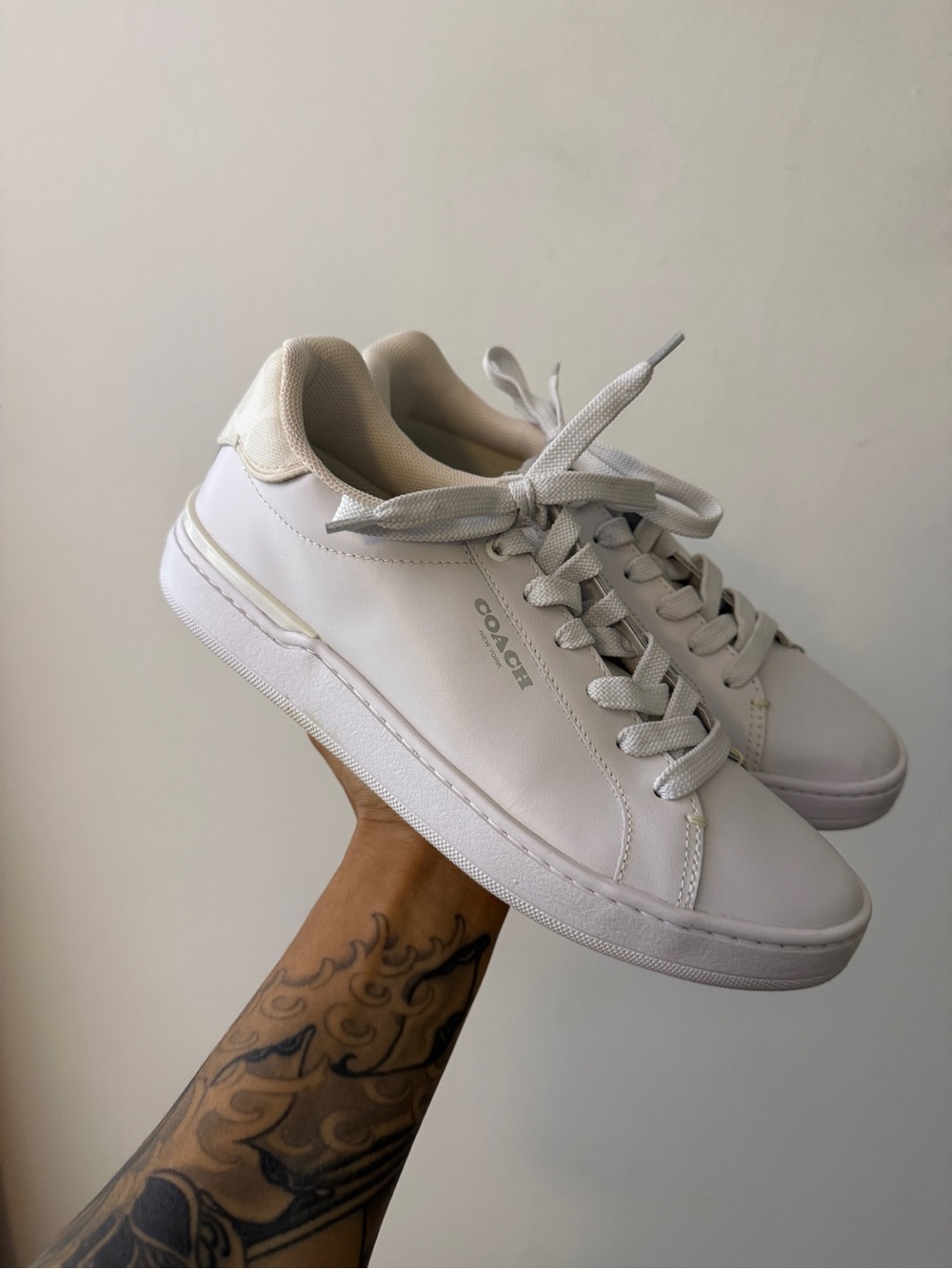 Coach White Leather Low-Top Sneakers with Cream Collar - Picture 4 of 11